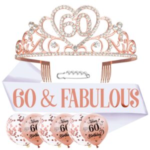 skjiayee 60th birthday party sash and tiara kits-60th ‘fabulous’ white sash and glitter rose gold crown and birthday balloons for women birthday party decorations supplies