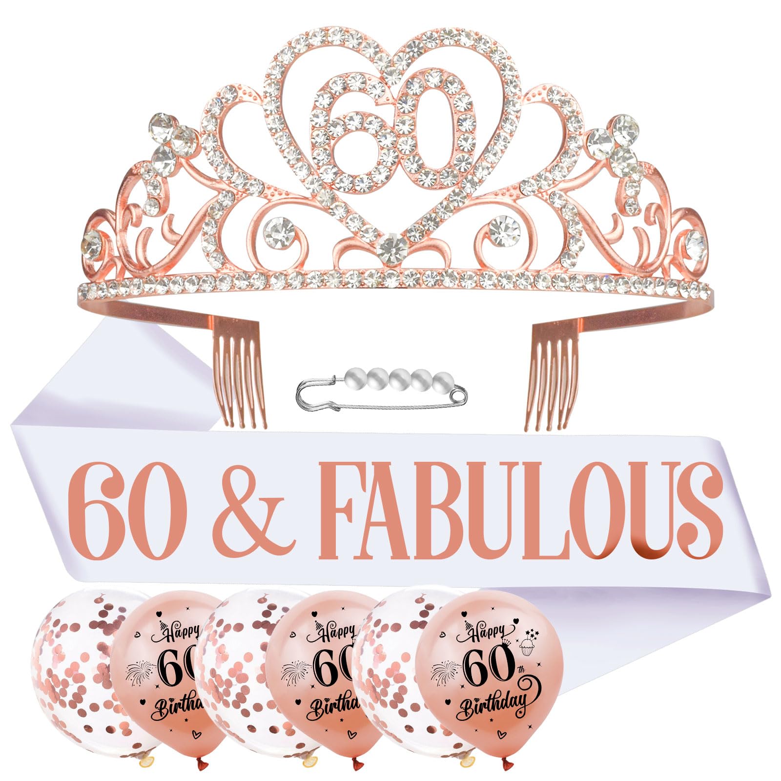 SKJIAYEE 60th Birthday Party Sash and Tiara Kits-60th ‘FABULOUS’ White Sash and Glitter Rose Gold Crown and Birthday Balloons for Women Birthday Party Decorations Supplies