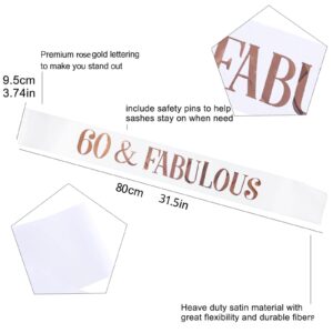 SKJIAYEE 60th Birthday Party Sash and Tiara Kits-60th ‘FABULOUS’ White Sash and Glitter Rose Gold Crown and Birthday Balloons for Women Birthday Party Decorations Supplies