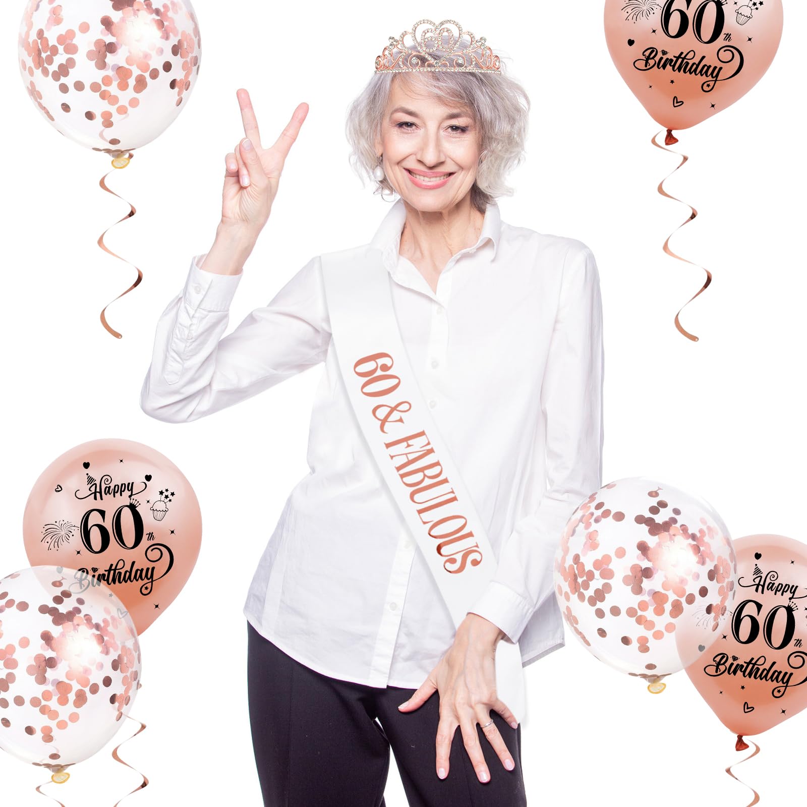 SKJIAYEE 60th Birthday Party Sash and Tiara Kits-60th ‘FABULOUS’ White Sash and Glitter Rose Gold Crown and Birthday Balloons for Women Birthday Party Decorations Supplies