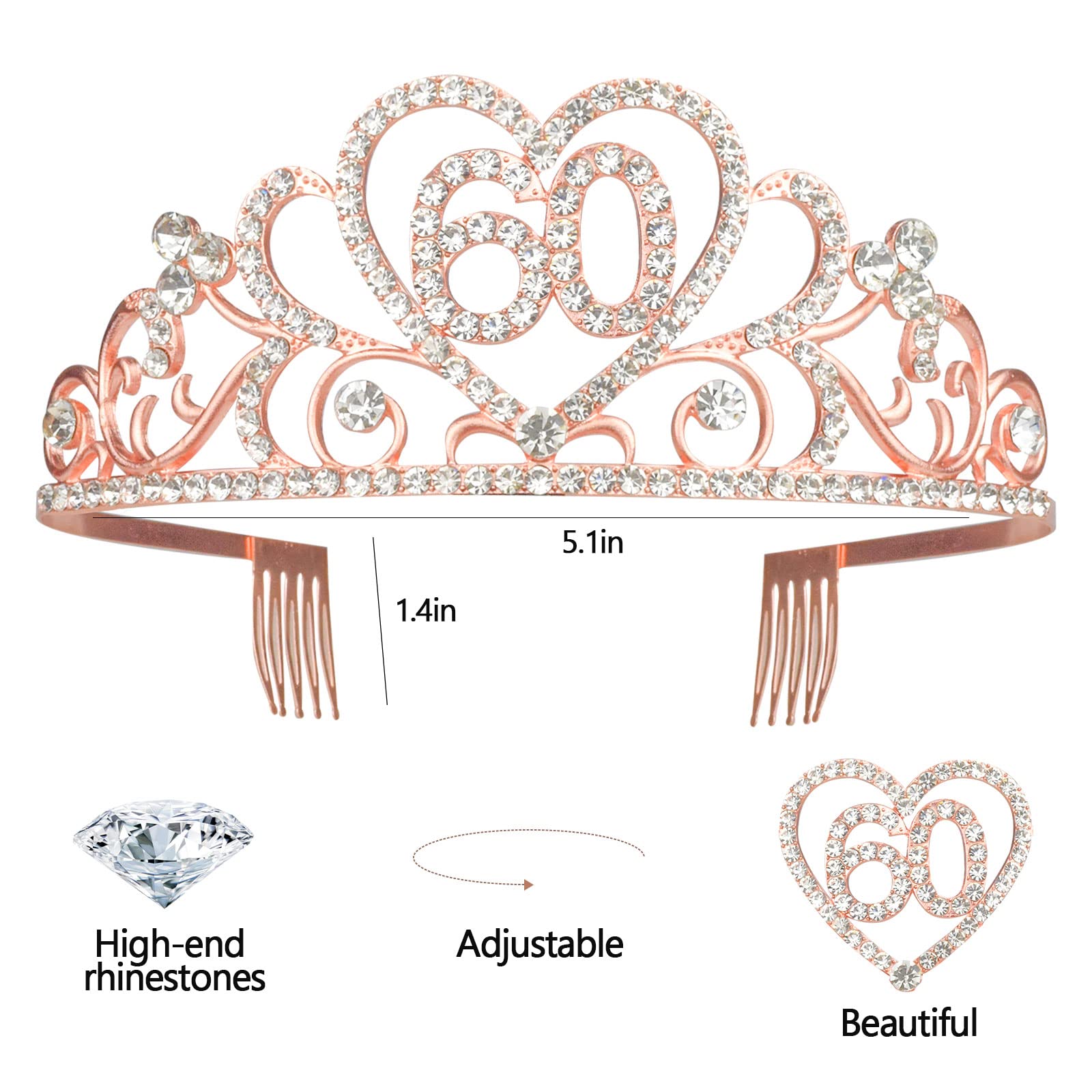 SKJIAYEE 60th Birthday Party Sash and Tiara Kits-60th ‘FABULOUS’ White Sash and Glitter Rose Gold Crown and Birthday Balloons for Women Birthday Party Decorations Supplies