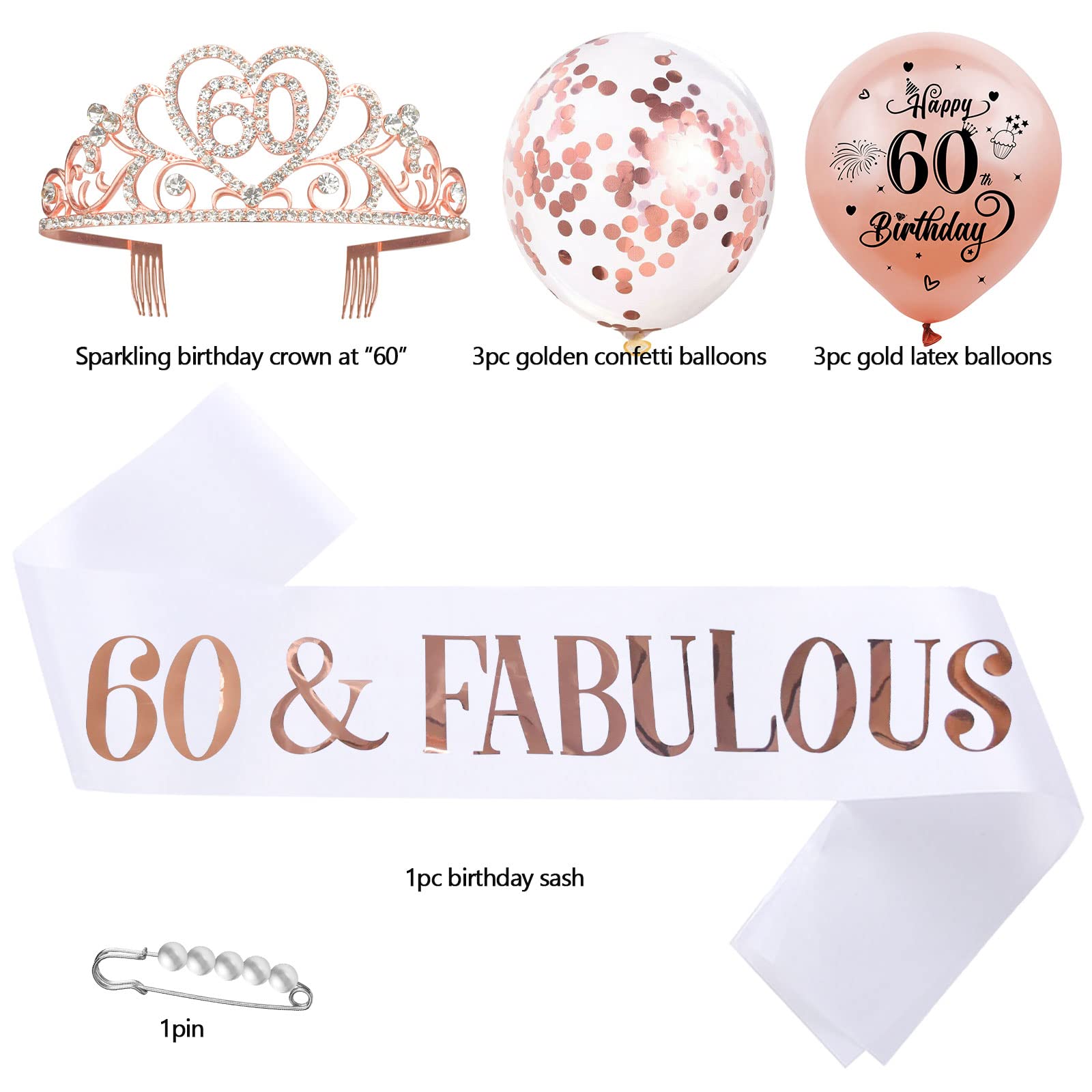 SKJIAYEE 60th Birthday Party Sash and Tiara Kits-60th ‘FABULOUS’ White Sash and Glitter Rose Gold Crown and Birthday Balloons for Women Birthday Party Decorations Supplies