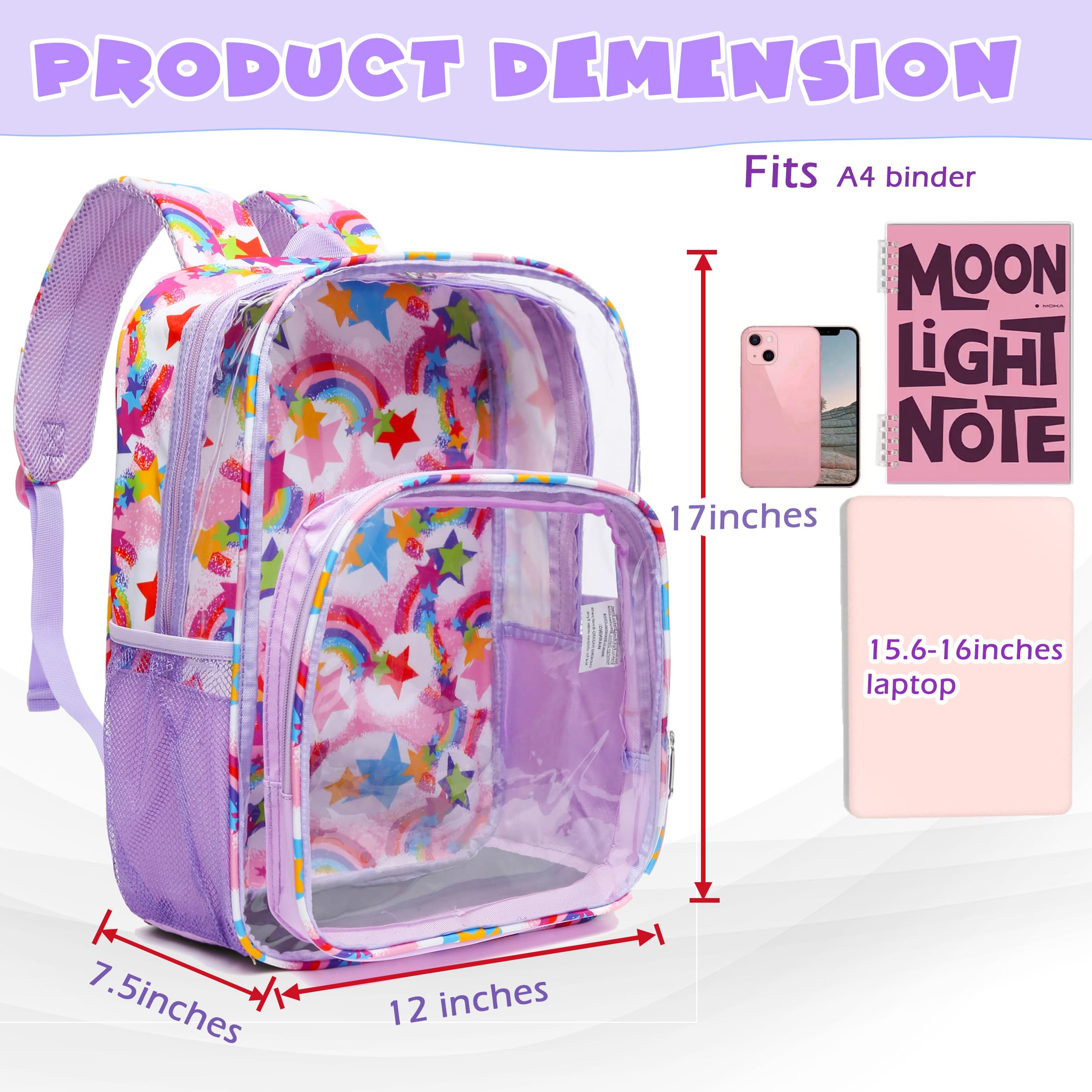 BLUEFAIRY Clear Backpack Heavy Duty PVC Transparent Backpack Clear Bag forSchool Concert Work Travel Sport Event Festival Games Venues for Adults Women Men Girls Boys with Mesh Pocket - Rainbow Star