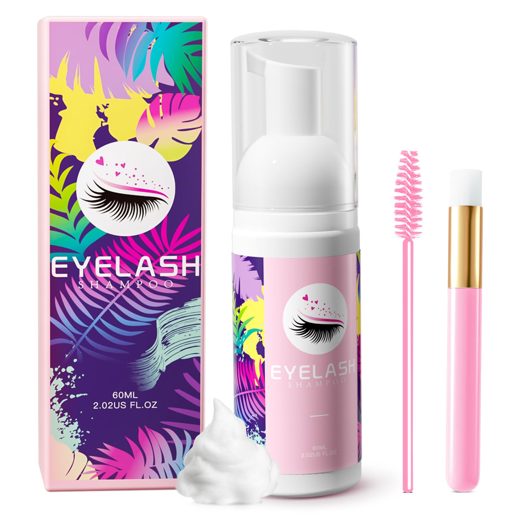 Setgnur Lash Shampoo for Lash Extensions 60ml Eyelash Extension Cleanser Lash Shampoo Cleaning Kit with Shampoo Brush & Mascara Brush-No Irritating Foaming Eyelash Makeup Remover for Home Salon Use