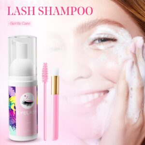 Setgnur Lash Shampoo for Lash Extensions 60ml Eyelash Extension Cleanser Lash Shampoo Cleaning Kit with Shampoo Brush & Mascara Brush-No Irritating Foaming Eyelash Makeup Remover for Home Salon Use