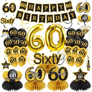 turypaty 36pcs 60th birthday decorations kit for men women, black gold happy 60 birthday banner balloons honeycomb centerpiece hanging swirls kit party supplies, sixty year old bday table topper