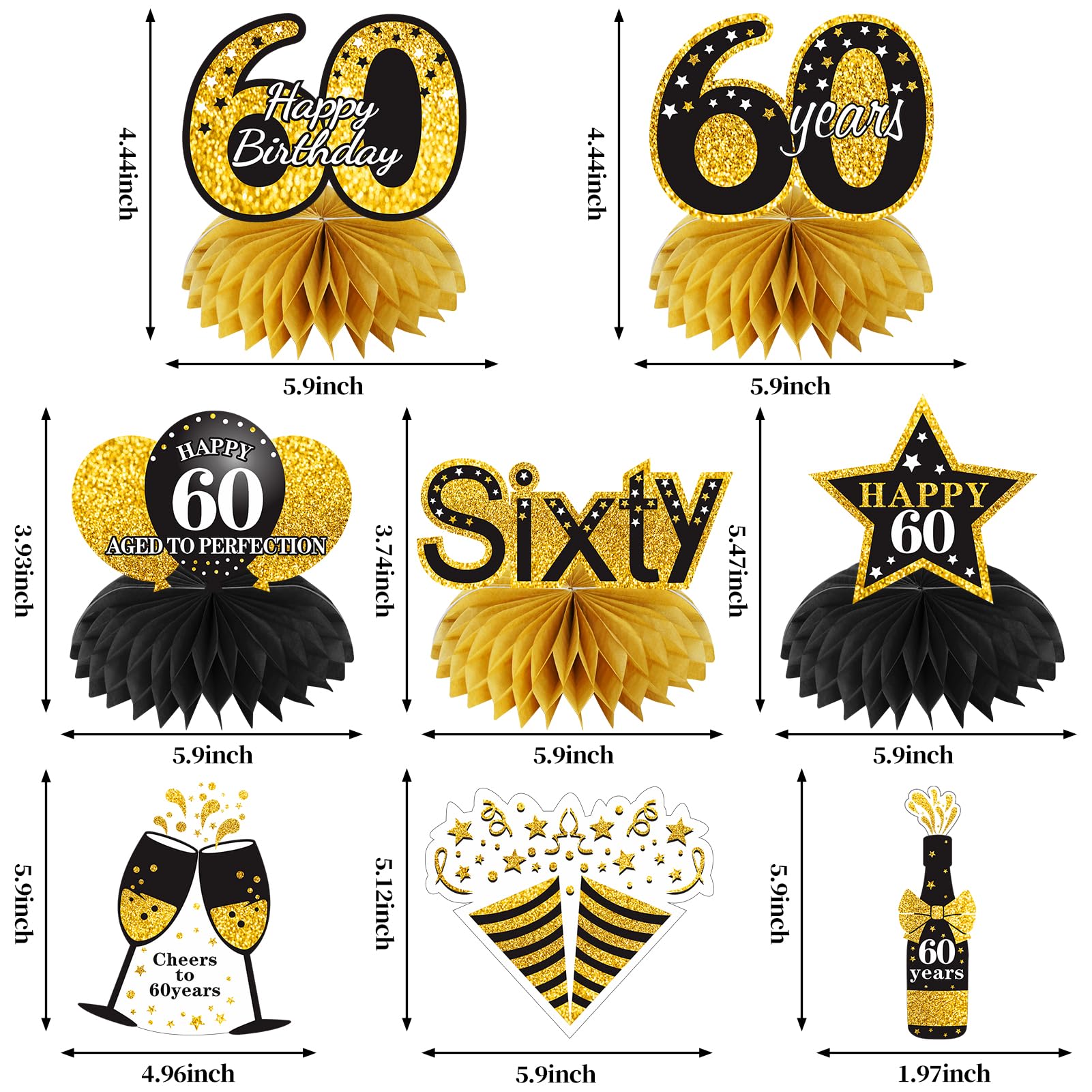 Turypaty 36Pcs 60th Birthday Decorations Kit for Men Women, Black Gold Happy 60 Birthday Banner Balloons Honeycomb Centerpiece Hanging Swirls Kit Party Supplies, Sixty Year Old Bday Table Topper