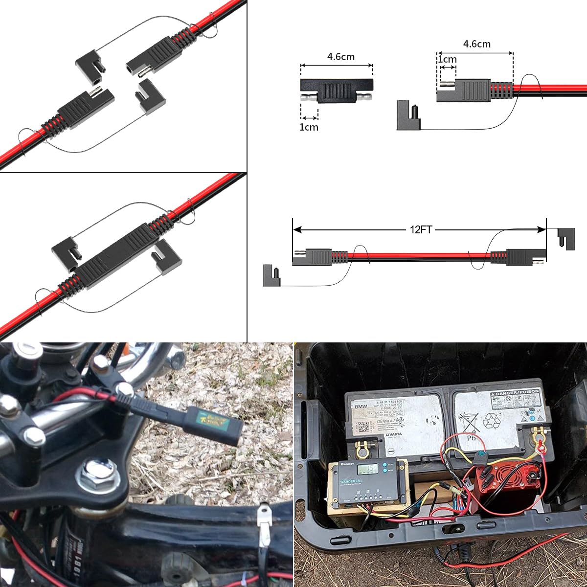 ELFCULB SAE Extension Cable 16AWG SAE Connector Battery Cable with Protective Cable Sleeve for Automotive RV Battery Solar Panel (12FT)