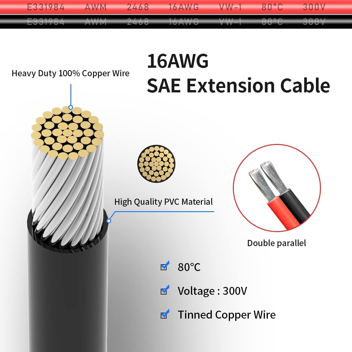 ELFCULB SAE Extension Cable 16AWG SAE Connector Battery Cable with Protective Cable Sleeve for Automotive RV Battery Solar Panel (12FT)