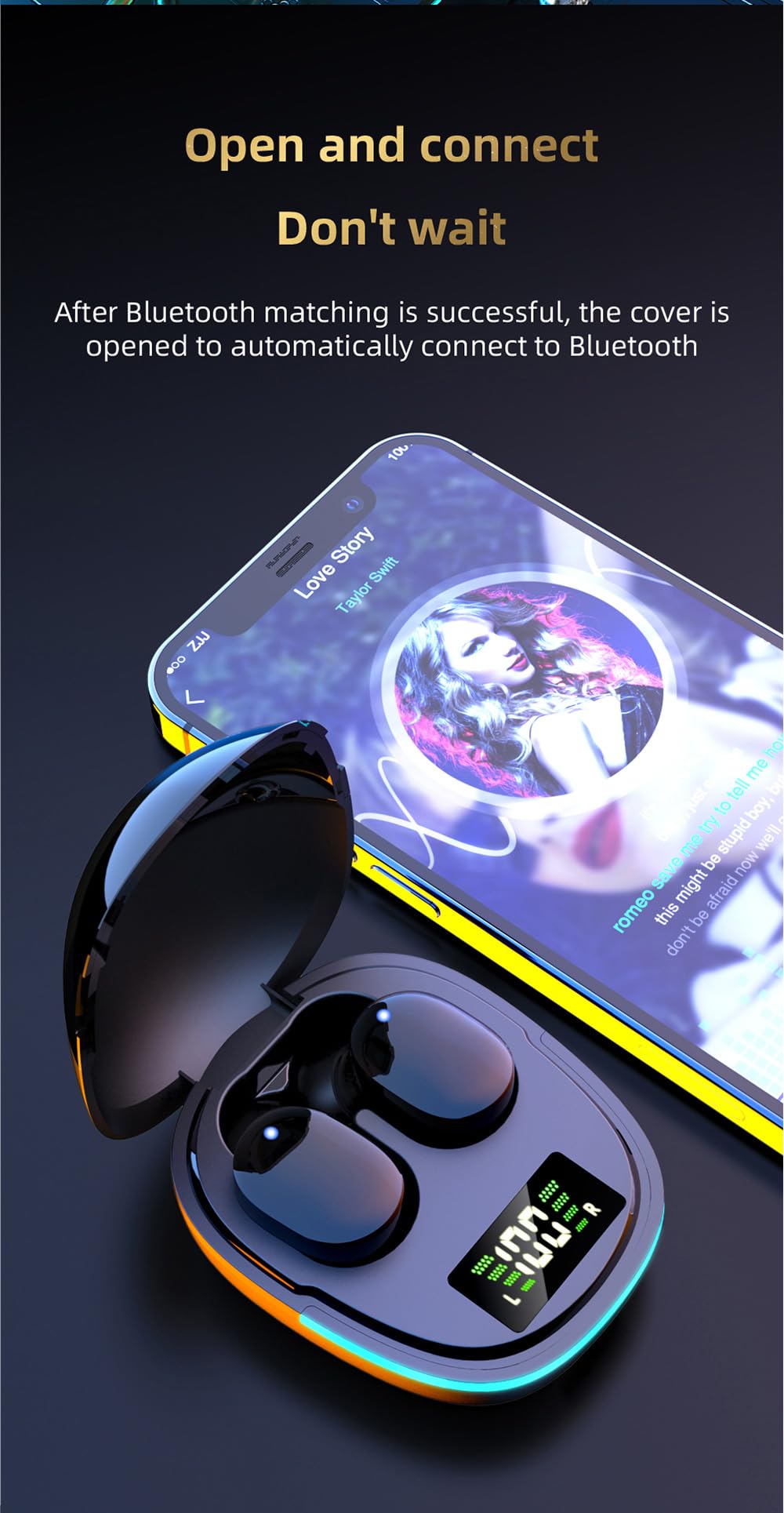 Wireless Headphones, Wireless Bluetooth Headphones, Waterproof Touch Ergonomic Headphones, Surround Sound, Noise Cancellation, Led Display Charging Case, Fast Charging, Anti-Allergic.