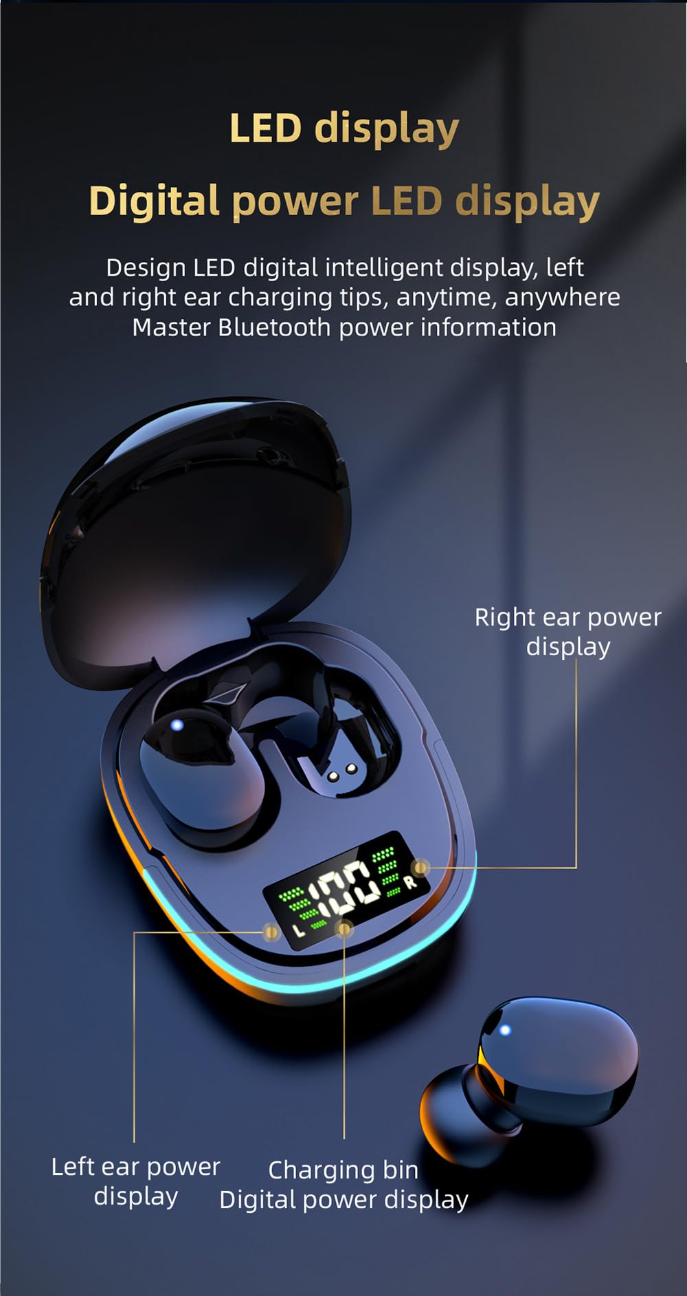 Wireless Headphones, Wireless Bluetooth Headphones, Waterproof Touch Ergonomic Headphones, Surround Sound, Noise Cancellation, Led Display Charging Case, Fast Charging, Anti-Allergic.