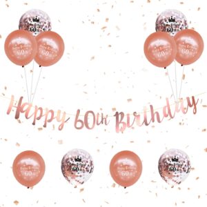 happy 60th birthday banners women, rose gold 60th birthday decorations kit with happy 60th birthday banner bunting 12inch happy 60th birthday confetti balloons for 60th birthday party supplies