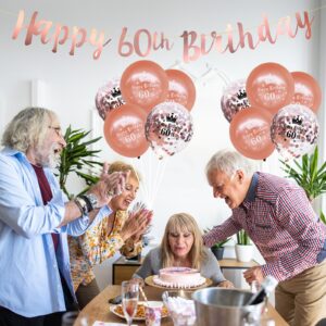 Happy 60th Birthday Banners Women, Rose Gold 60th Birthday Decorations Kit with Happy 60th Birthday Banner Bunting 12Inch Happy 60th Birthday Confetti Balloons for 60th Birthday Party Supplies