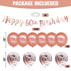 Happy 60th Birthday Banners Women, Rose Gold 60th Birthday Decorations Kit with Happy 60th Birthday Banner Bunting 12Inch Happy 60th Birthday Confetti Balloons for 60th Birthday Party Supplies