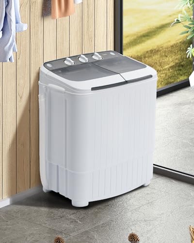 Muhub Portable Twin Tub 16.5lbs Mini Washing Machine,Compact Semi-automatic Washer and Spin Combo,Top Load,Portable Washer for Dorms,Apartments,RVs(White & Gray)