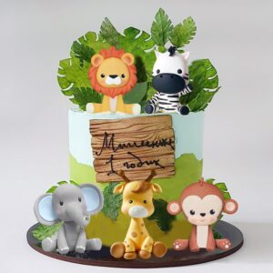 jungle safari animal cake topper with lion giraffe monkey elephant zebra for wild animals themed birthday baby shower party supplies (style 1)