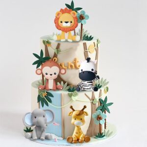 Jungle Safari Animal Cake Topper with Lion Giraffe Monkey Elephant Zebra for Wild Animals Themed Birthday Baby Shower Party Supplies (STYLE 1)