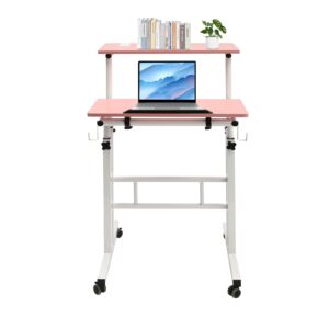 leysris mobile standing desk stand up computer desk workstation with universal wheels, adjustable height dual desktop tilting panel rolling computer cart with 2 usb interfaces and 2 sockets (pink)