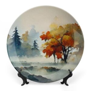 fall decorative plates for wall hanging, fall season forest & maples watercolor painting ceramic plate, wobble-plate with display stand, home decor for kitchen cabinets, farmhouse round tray 8 inch