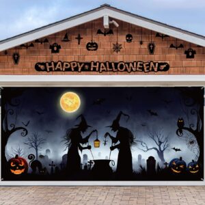 preboun halloween garage door decorations witch halloween door cover hanging halloween garage door banner cauldron backdrop mural for home outdoor indoor spooky party wall window yard, 7 x 16 ft