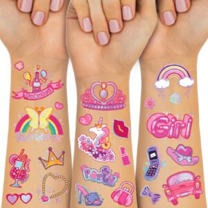 waterproof temporary tattoos - 143pcs groovy fake tattoo for girls birthday party favors, princess rainbow shoes power diy arts and crafts home activity for kids 6 7 8 9 10 11 12 years old