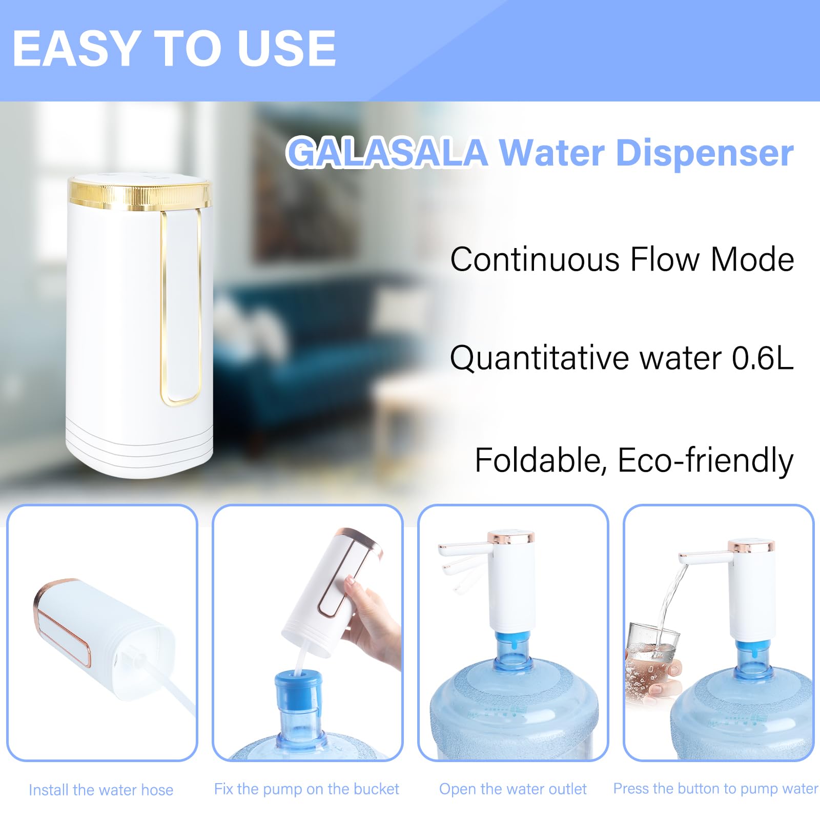 GALASALA 5 Gallon Water Dispenser USB Rechargeable, Foldable Automatic Water Dispenser with 2 Food Grade Silicone Tubes, Remove The Adapter Ring Before Use, for 1-5 Gallon Bottles (White)