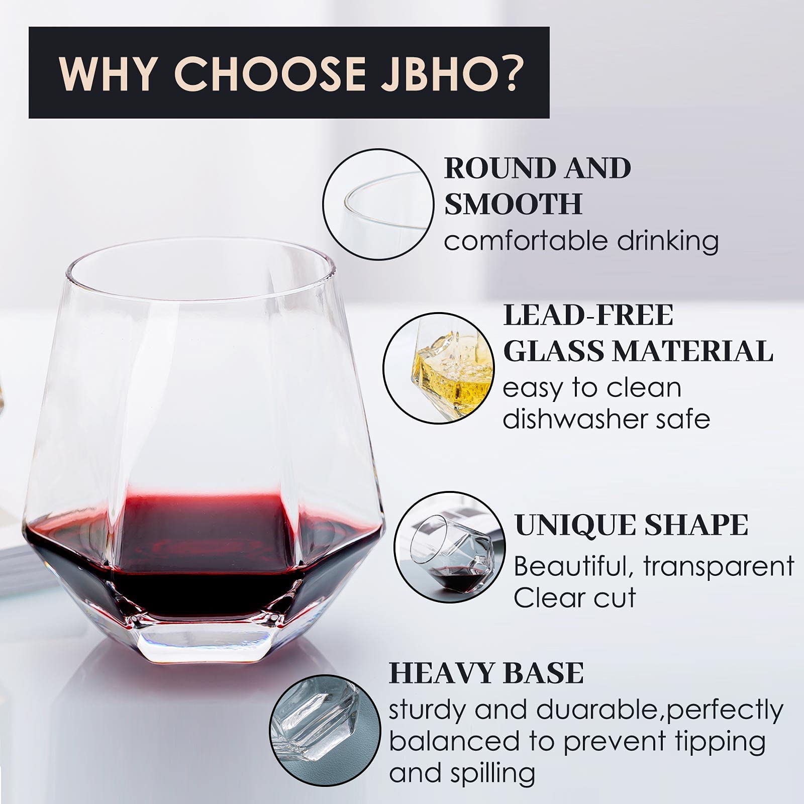 JBHO Stemless Wine Glasses Set of 12, Drinking Cups, 10Oz Diamond Shaped Unique Wine Glass with Gift Box for Serving White Wine, Red Wine, Cocktail, Whiskey, Bourbon, Cool Water, Gift For Housewarming