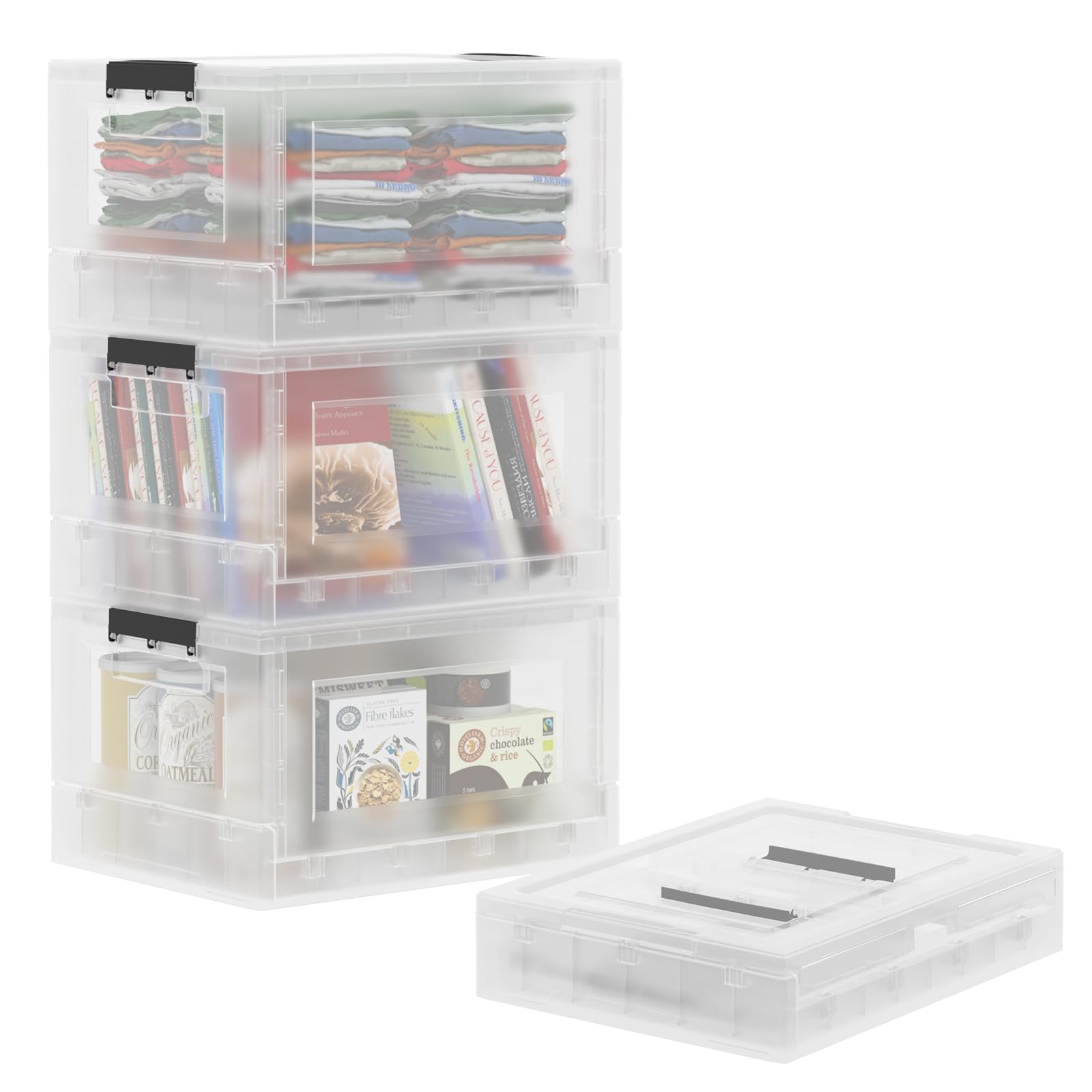 Qqbine 32 Quart Plastic Folding Storage Bin with Lid, Collapsible Storage Crate Boxes, 4 Packs