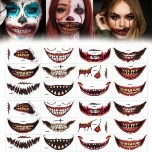 halloween prank makeup temporary tattoo, halloween role play decorative big mouth face tattoo decal kit, halloween cosplay party diy decorations (a set)