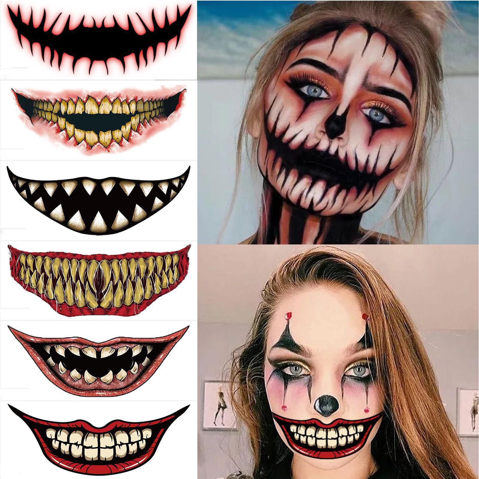 Halloween Prank Makeup Temporary Tattoo, Halloween Role Play Decorative Big Mouth Face Tattoo Decal Kit, Halloween Cosplay Party DIY Decorations (A SET)