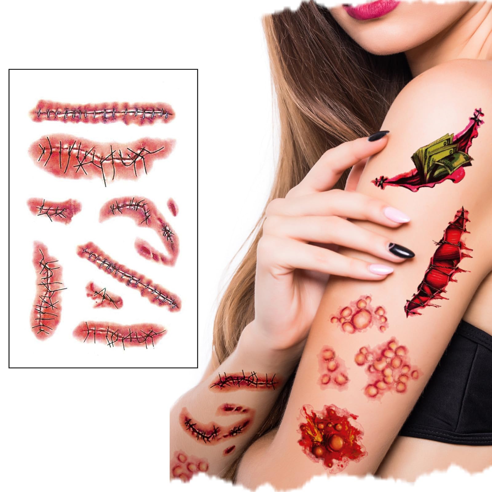 Halloween Prank Makeup Temporary Tattoo, Halloween Role Play Decorative Big Mouth Face Tattoo Decal Kit, Halloween Cosplay Party DIY Decorations (A SET)