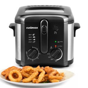 cusimax deep fryer with timer 30min, 1500 watt 2.5liters deep fryer with basket for home use, electric deep fryer with drip hook, removable lid, view window, integrated frying basket and handle