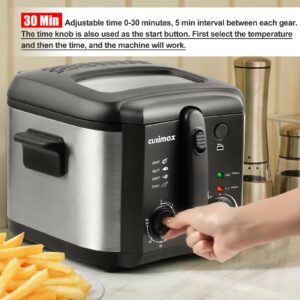 CUSIMAX Deep Fryer with Timer 30min, 1500 Watt 2.5Liters Deep Fryer with Basket For Home Use, Electric Deep Fryer with Drip Hook, Removable Lid, View Window, Integrated Frying Basket and Handle