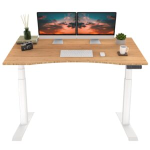 flexispot e8 dual motor 3 stages bamboo electric standing desk 60x30 inch oval leg whole-piece board height adjustable desk electric stand up desk sit stand desk (white frame + bamboo curved desktop)