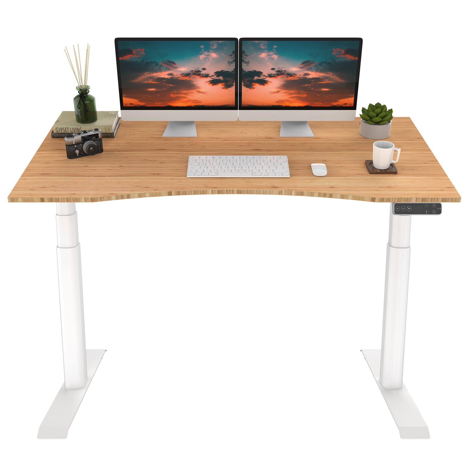 FLEXISPOT E8 Dual Motor 3 Stages Bamboo Electric Standing Desk 60x30 Inch Oval Leg Whole-Piece Board Height Adjustable Desk Electric Stand Up Desk Sit Stand Desk (White Frame + Bamboo Curved Desktop)