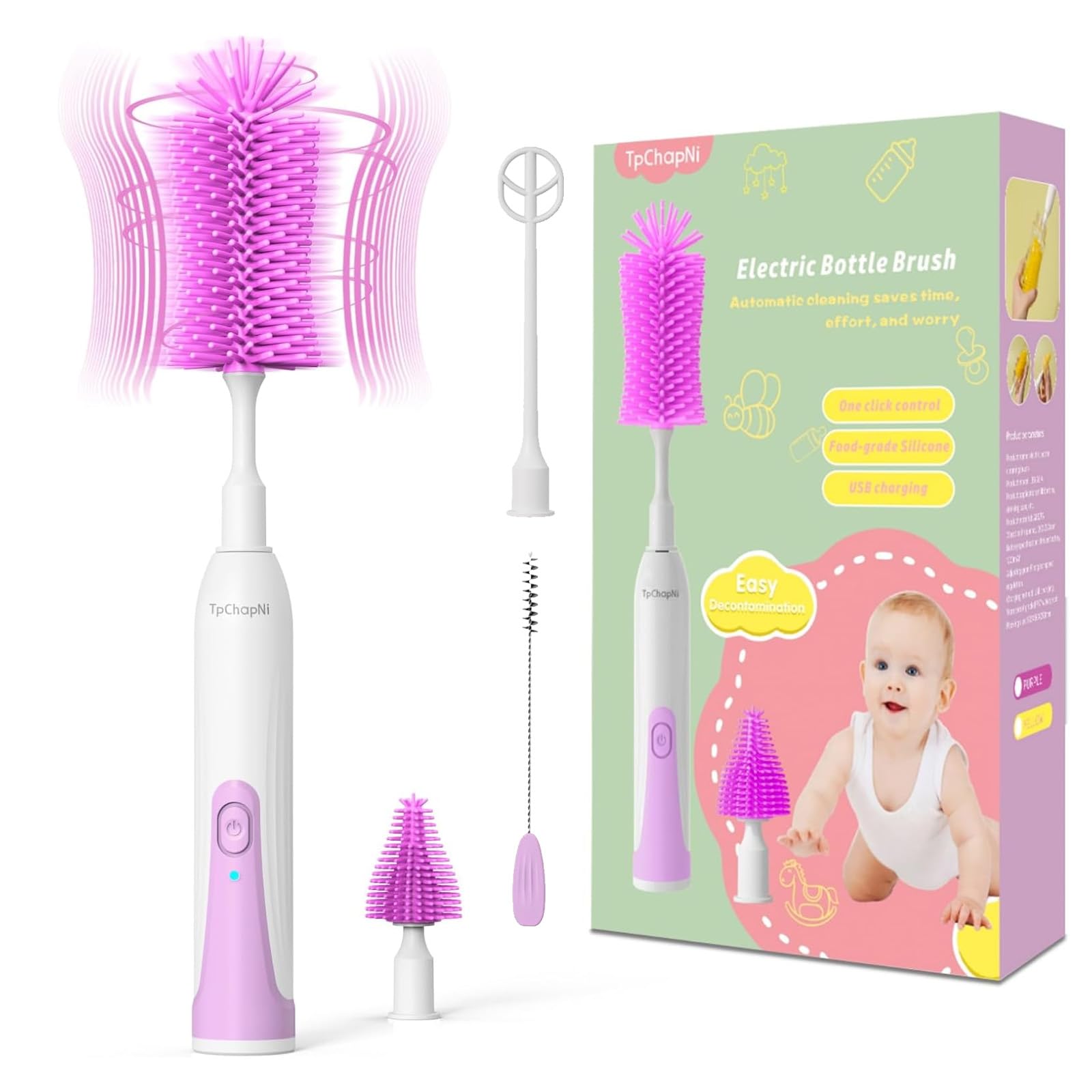 TpChapNi Electric Bottle Brush Cleaner,Electric Baby Bottle Brush Cleaner Set,Rechargeable with Replaceable Silicone Water Bottle and Nipple Brush Head,Straw Brush for Baby & New Moms (Purple)