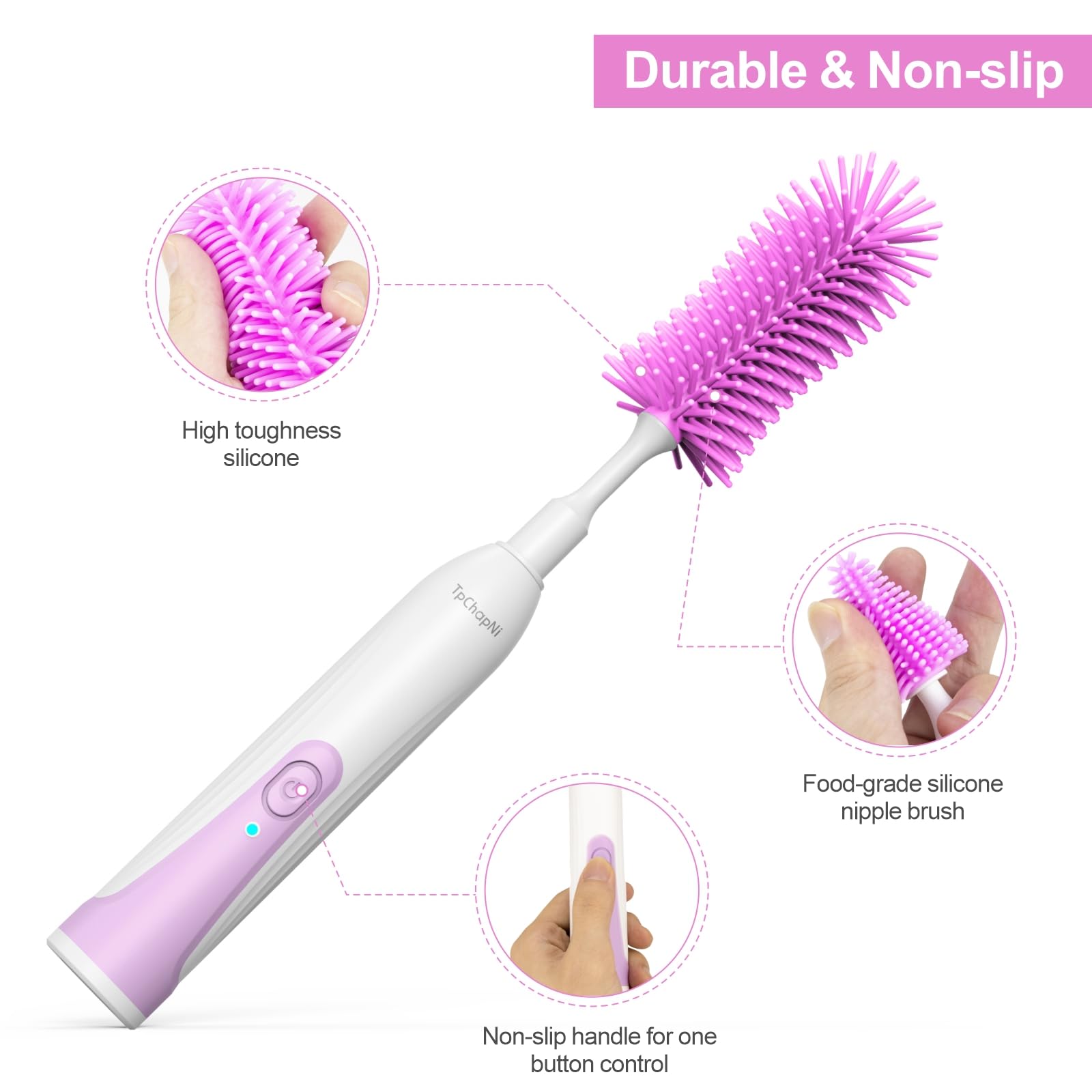 TpChapNi Electric Bottle Brush Cleaner,Electric Baby Bottle Brush Cleaner Set,Rechargeable with Replaceable Silicone Water Bottle and Nipple Brush Head,Straw Brush for Baby & New Moms (Purple)