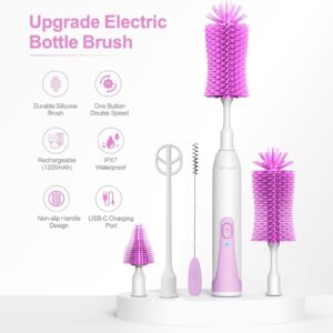 TpChapNi Electric Bottle Brush Cleaner,Electric Baby Bottle Brush Cleaner Set,Rechargeable with Replaceable Silicone Water Bottle and Nipple Brush Head,Straw Brush for Baby & New Moms (Purple)