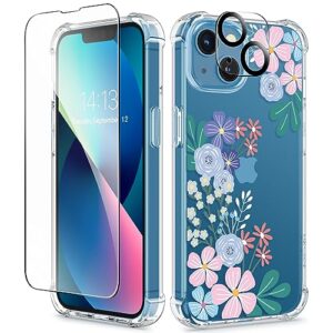 gviewin designed for iphone 13 case 6.1 inch, with tempered glass screen protector + camera lens protector clear flower soft & flexible shockproof floral women phone cover (spring blossom/colorful)