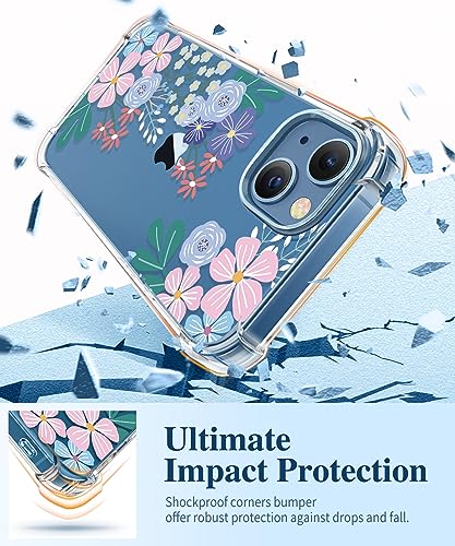 GVIEWIN Designed for iPhone 13 Case 6.1 Inch, with Tempered Glass Screen Protector + Camera Lens Protector Clear Flower Soft & Flexible Shockproof Floral Women Phone Cover (Spring Blossom/Colorful)