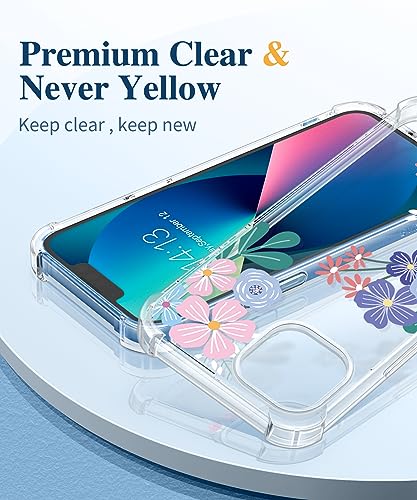 GVIEWIN Designed for iPhone 13 Case 6.1 Inch, with Tempered Glass Screen Protector + Camera Lens Protector Clear Flower Soft & Flexible Shockproof Floral Women Phone Cover (Spring Blossom/Colorful)