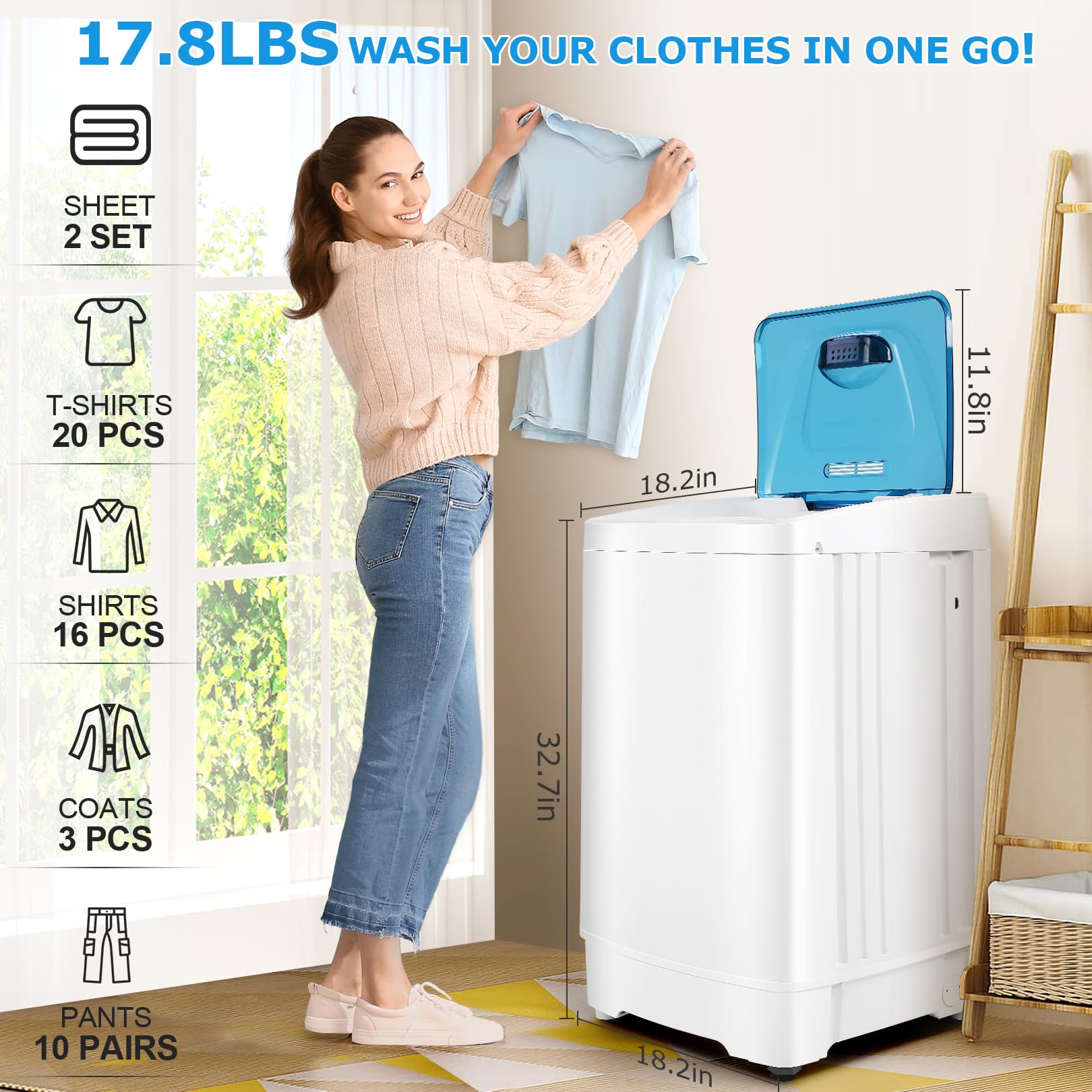 Nictemaw Portable Washing Machine 17.8Lbs Large Capacity 2.3 Cu.ft Laundry Machine with 8 Programs 3 Water Temps 3 Water Levels Selections Small Washing Machine for Apartment, Home, Dorms, Rv