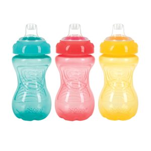 nuby 3 pack no spill toddler sippy cups - toddler cups spill proof with easy and firm grip - bpa free toddlers cups - aqua, coral, yellow