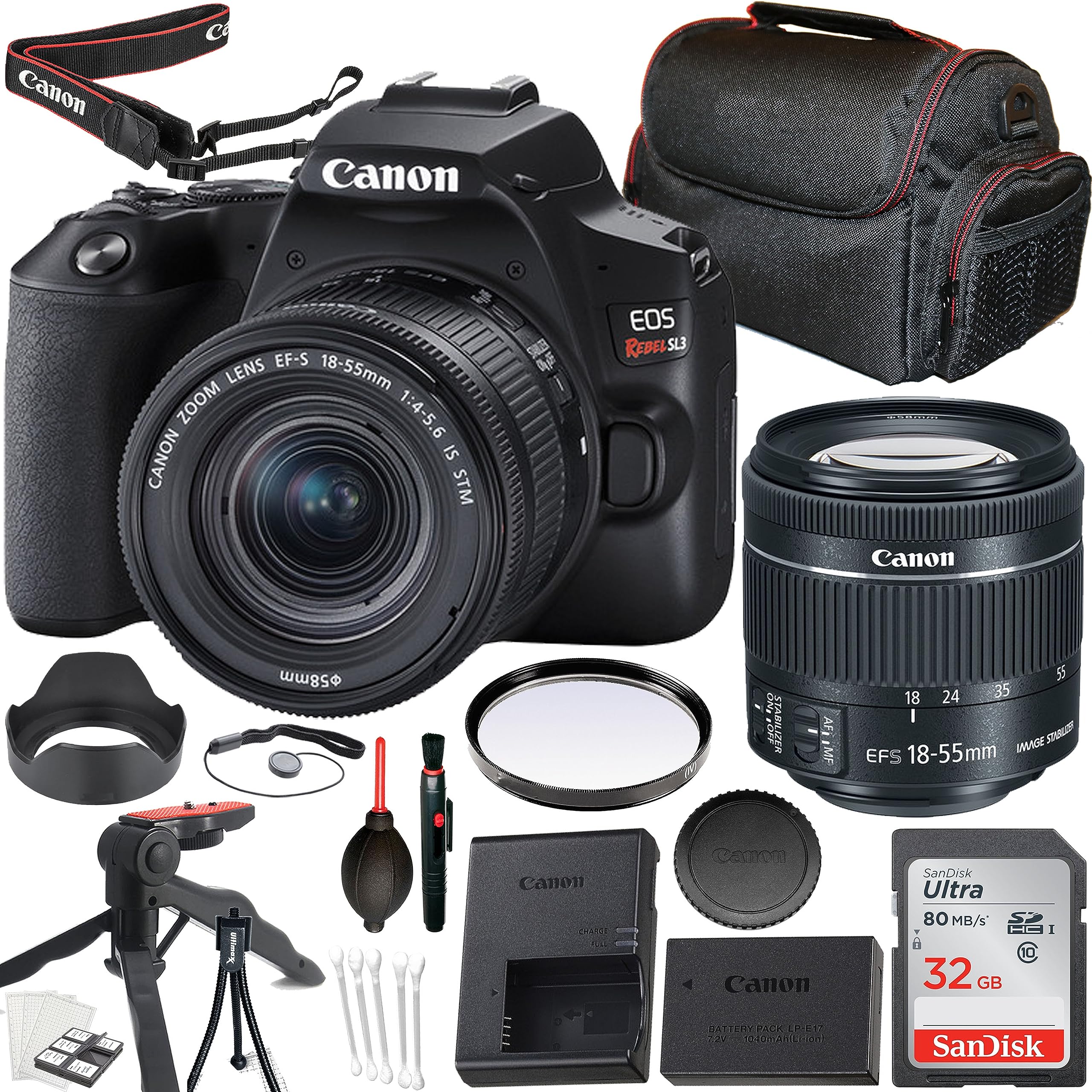 Canon EOS Rebel SL3 / 250D DSLR Camera with Canon EF-S 18-55mm f/4-5.6 is STM Lens + 32GB Memory Card + Tripod + Case + Cleaning Kit & More (Renewed)