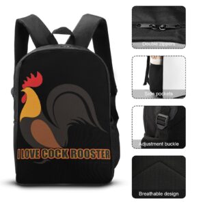 I Love Cock Rooster2 Travel Backpack Casual 17 Inch Large Daypack Shoulder Bag with Adjustable Shoulder Straps