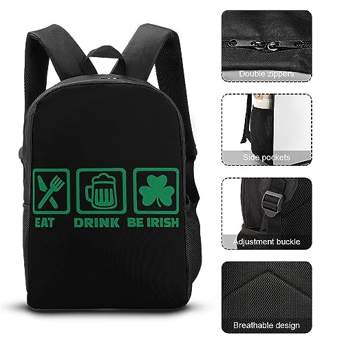 Eat Drink and Be Irish Travel Backpack Casual 17 Inch Large Daypack Shoulder Bag with Adjustable Shoulder Straps