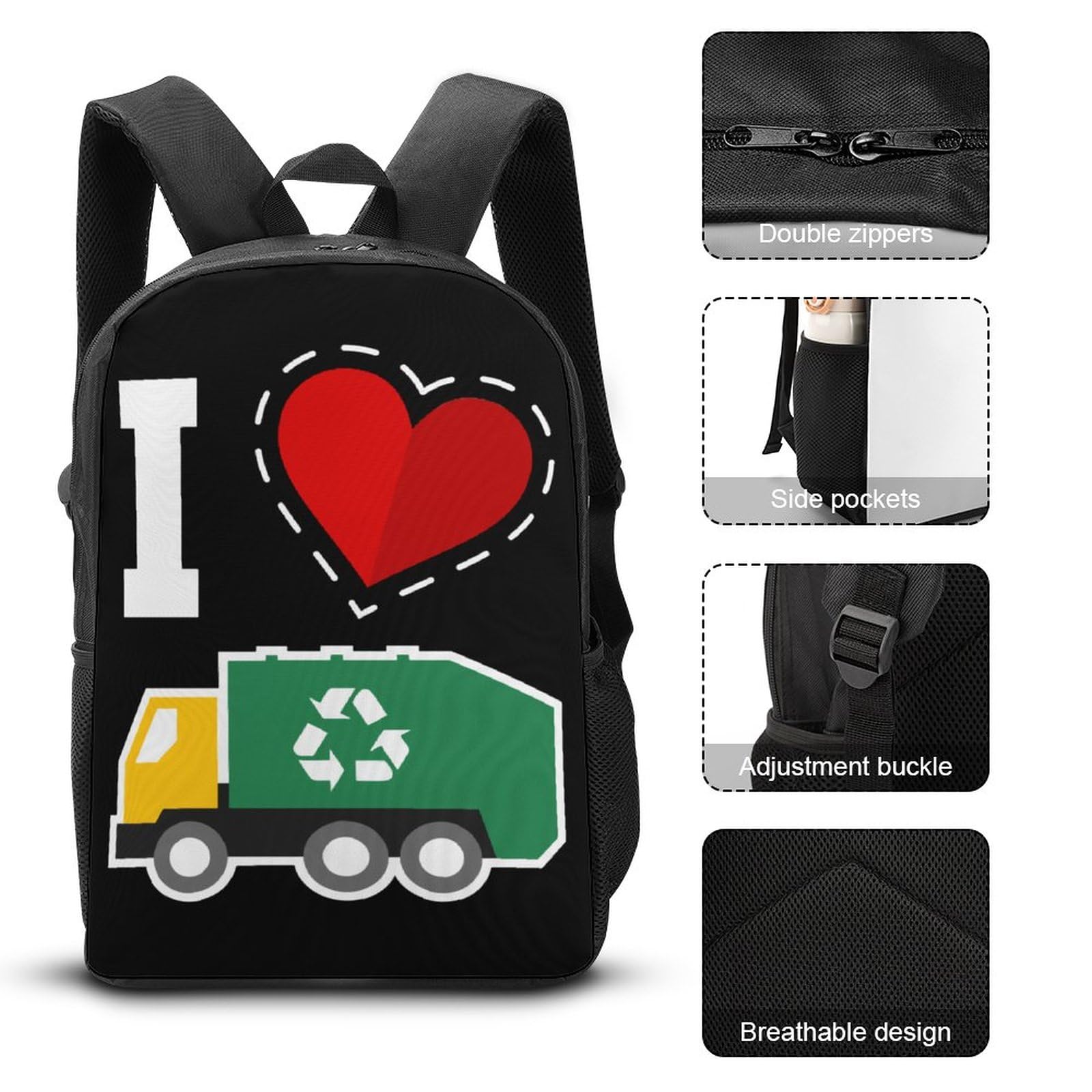 I Love Garbage Trucks Travel Backpack Casual 17 Inch Large Daypack Shoulder Bag with Adjustable Shoulder Straps