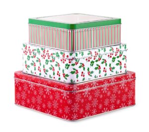 steel mill & co square tin containers with lids, 3 pack christmas cookie tins, festive cookie tins for gift giving & holiday treats, metal box nesting containers, large medium small, snowflake