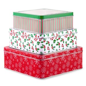 Steel Mill & Co Square Tin Containers with Lids, 3 Pack Christmas Cookie Tins, Festive Cookie Tins for Gift Giving & Holiday Treats, Metal Box Nesting Containers, Large Medium Small, Snowflake