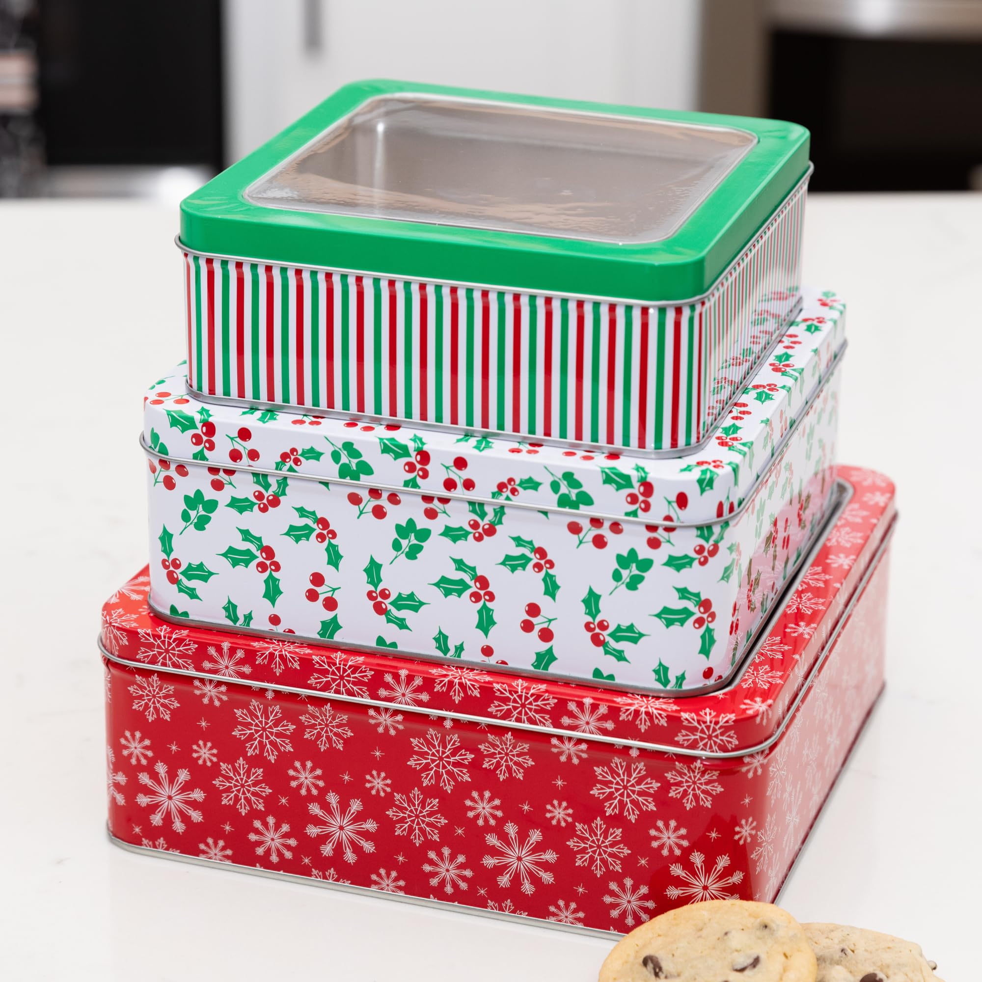 Steel Mill & Co Square Tin Containers with Lids, 3 Pack Christmas Cookie Tins, Festive Cookie Tins for Gift Giving & Holiday Treats, Metal Box Nesting Containers, Large Medium Small, Snowflake